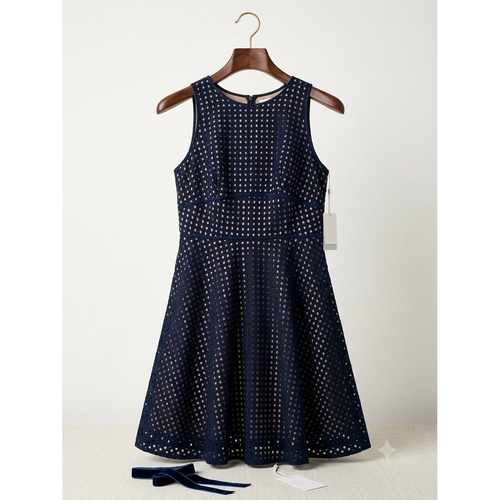 Navy Eyelet Lace Fit and Flare Dress Sleeveless Nude Lining Cocktail Party
